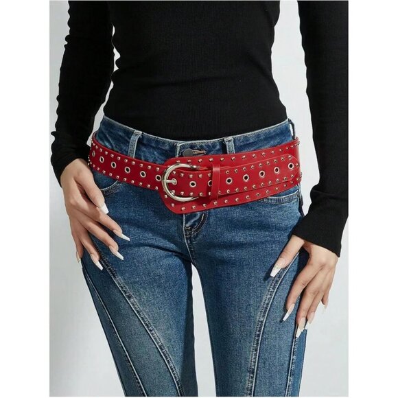 Women\'s Studded Y2k Belts Punk PU Leather Vintage Western Cowgirl Belts Red